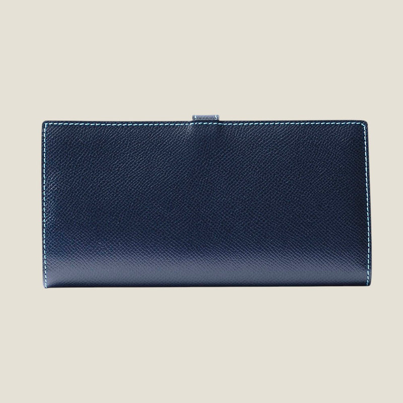 [フレンチカーフ] <br>ベルト付きロングウォレット<br>color：ネイビー×ターコイズステッチ<br>【受注生産】