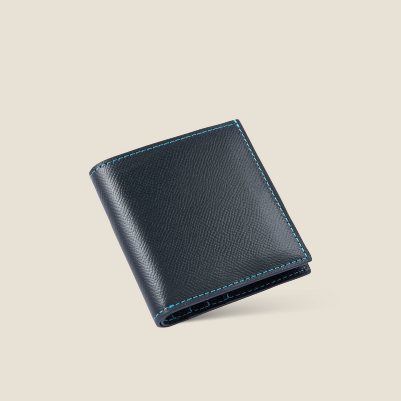 [French calf] <br>Mini wallet<br>Color: Navy x Turquoise Stitch