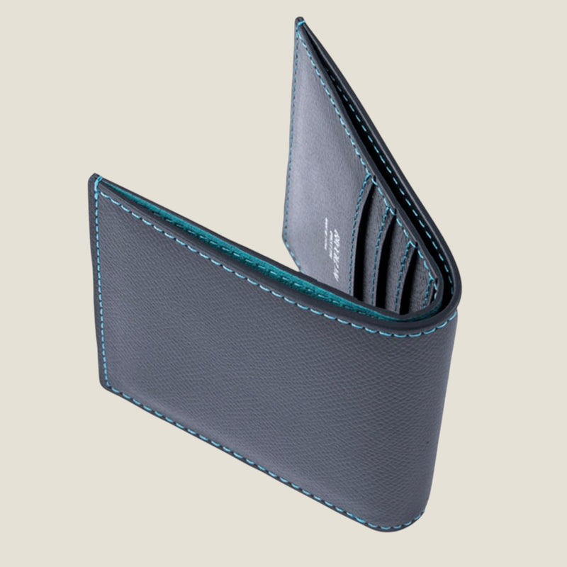 [フレンチカーフ] <br>ミニウォレット<br>color：ネイビー×ターコイズステッチ<br>【１０月下旬入荷予定】