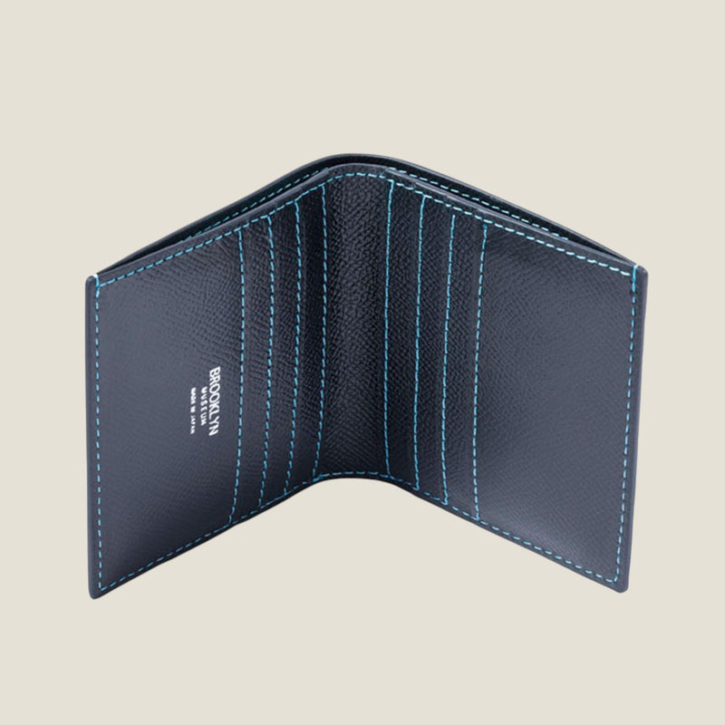 [フレンチカーフ] <br>ミニウォレット<br>color：ネイビー×ターコイズステッチ<br>【１０月下旬入荷予定】