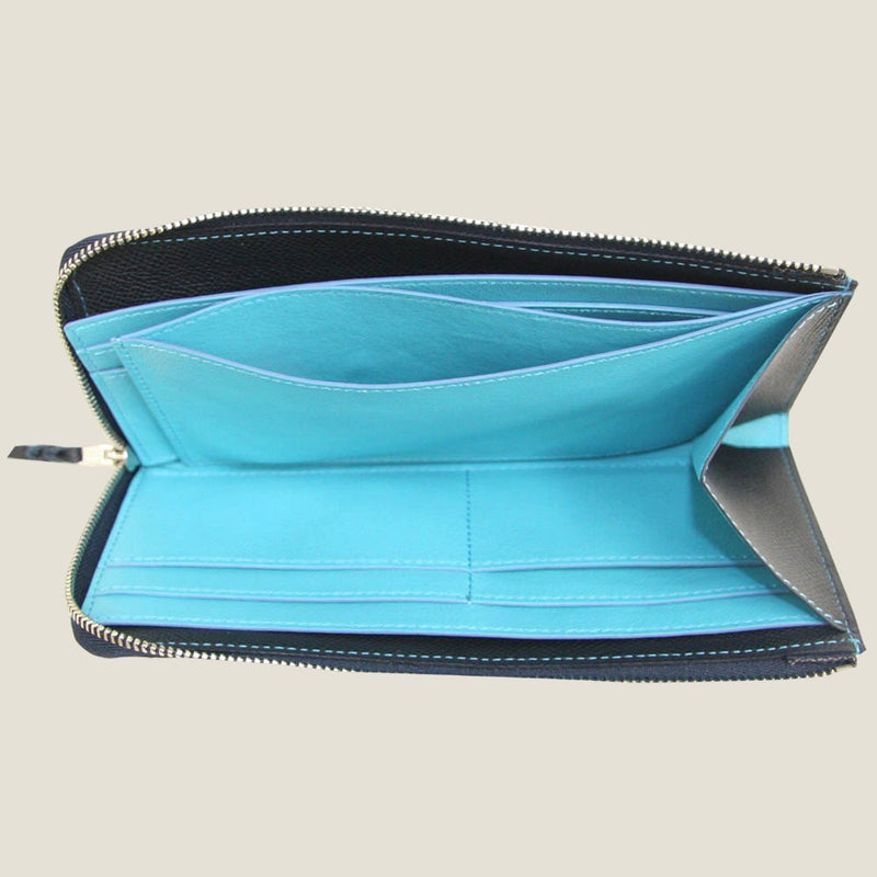 [French calf] <br>L Zip long wallet<br>Color: Navy x Turquoise Stitch
