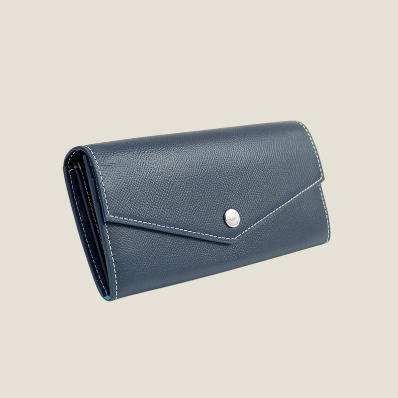 [French calf] <br>Flap long wallet<br>color: Navy x off -white stitch