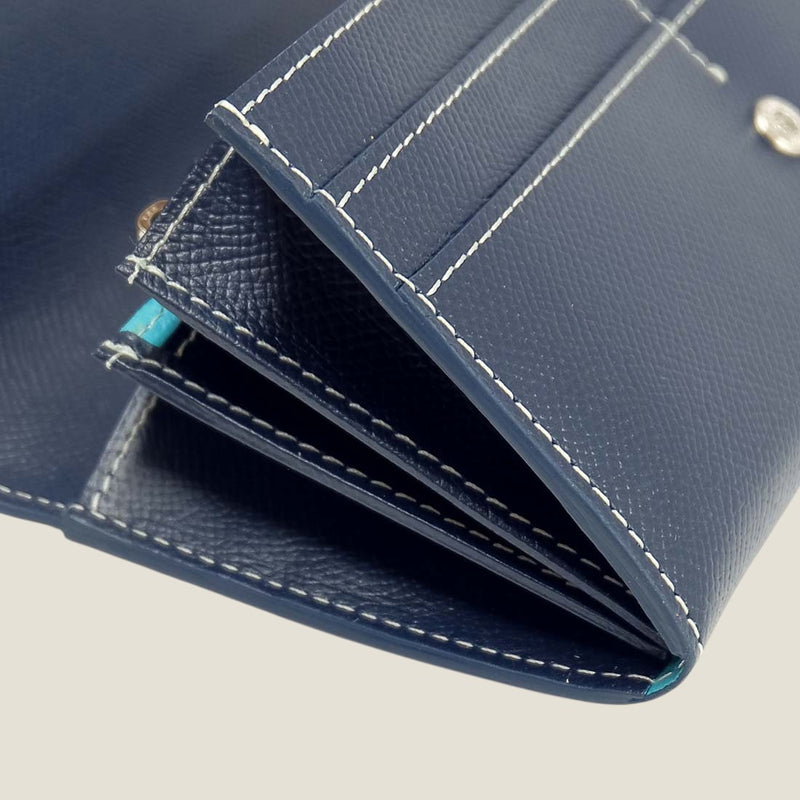 [French calf] <br>Flap long wallet<br>color: Navy x off -white stitch