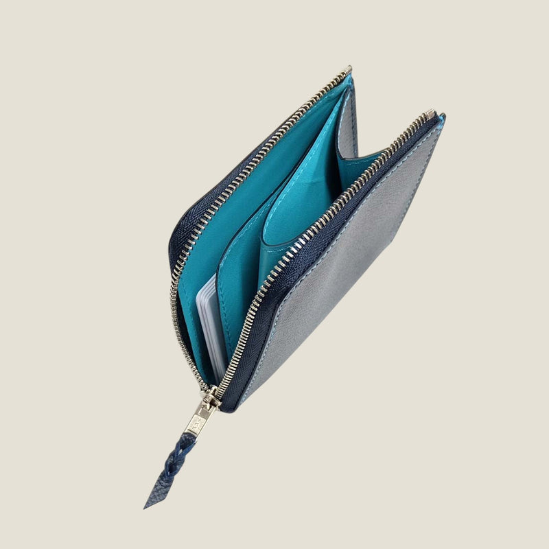 [French calf] <br>Half L zip wallet<br>Color: Navy x Turquoise Stitch