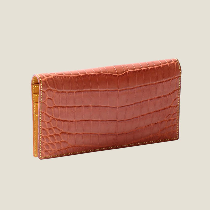 [カラークロコダイル]<br>ロングウォレット(小銭入れなし)<br>color：オレンジ<br>【受注生産】