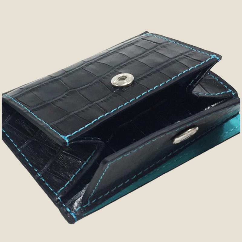 [Croco pattern leather] <br>Mini -snap wallet<br>Color: Navy x Turquoise Stitch<br>【Build-to-order manufacturing】