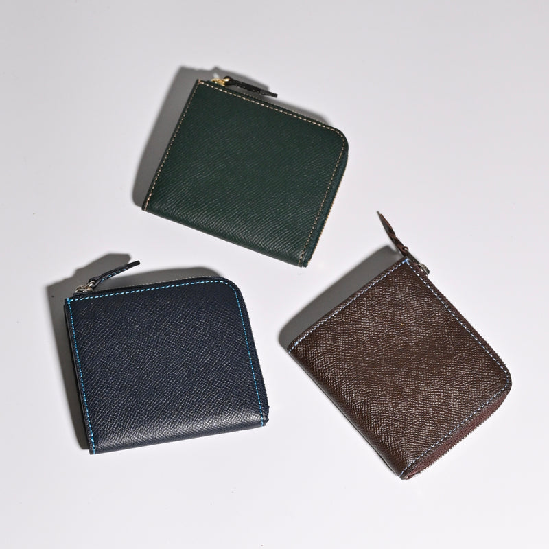 [French calf] <br>Half L zip wallet<br>Color: Navy x Turquoise Stitch