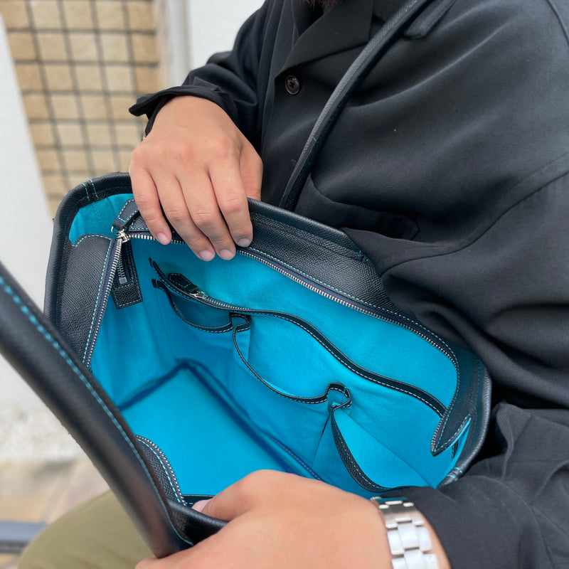 [French calf] <br>Royal tote bag<br>color: Navy x turquoise stitch x interior turquoise