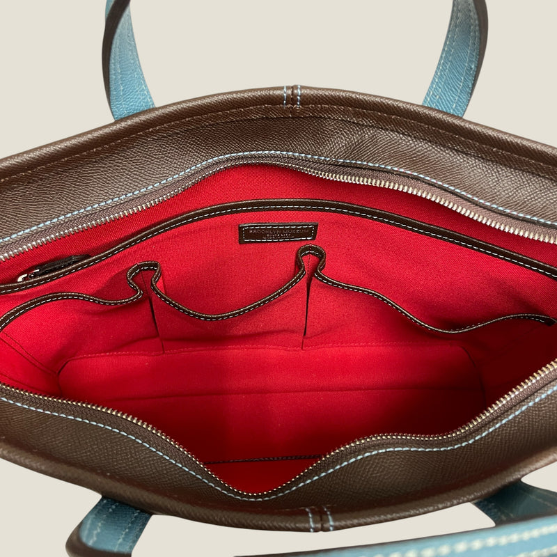 [French calf] <br>Belsy tote bag<br>color: Dark Brown x Aqua Blue