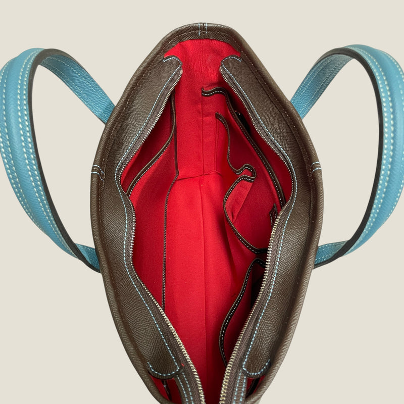 [French calf] <br>Belsy tote bag<br>color: Dark Brown x Aqua Blue