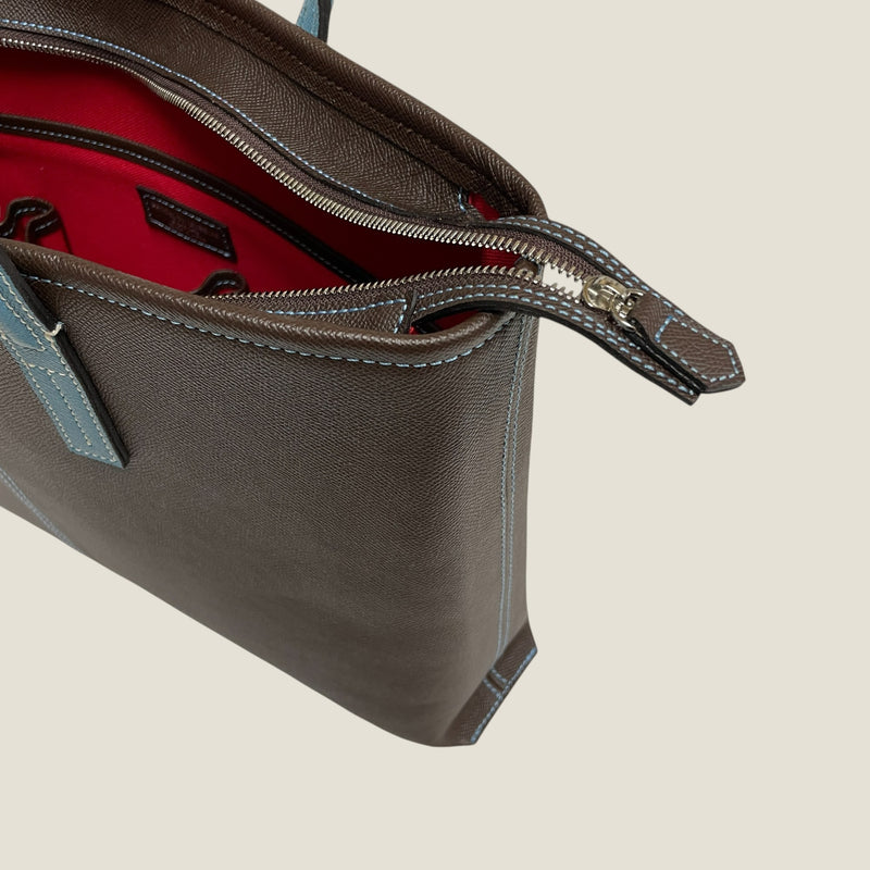 [French calf] <br>Belsy tote bag<br>color: Dark Brown x Aqua Blue