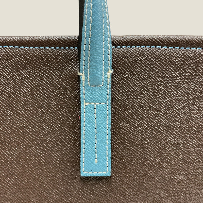 [French calf] <br>Belsy tote bag<br>color: Dark Brown x Aqua Blue