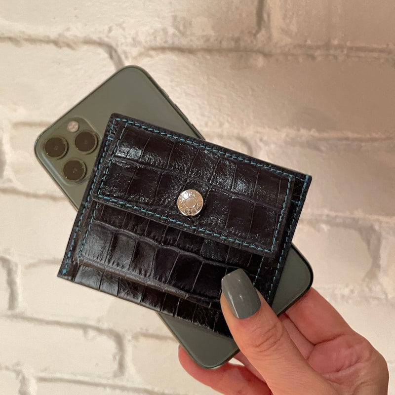 [Croco pattern leather] <br> Mini Snap Wallet <br> Color: Navy x Turquoise Stitch