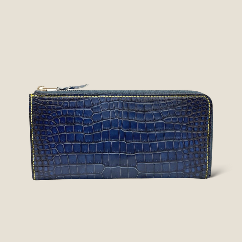 JRA認定品 J77.クロコダイル L字ファスナー 長財布 目地染め 紺 JRA認定品 J77.クロコダイル L字ファスナー 長財布 目地染め 紺