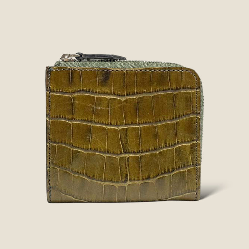 [クロコパターンレザー] <br>ハーフLジップウォレット<br> color：カーキ