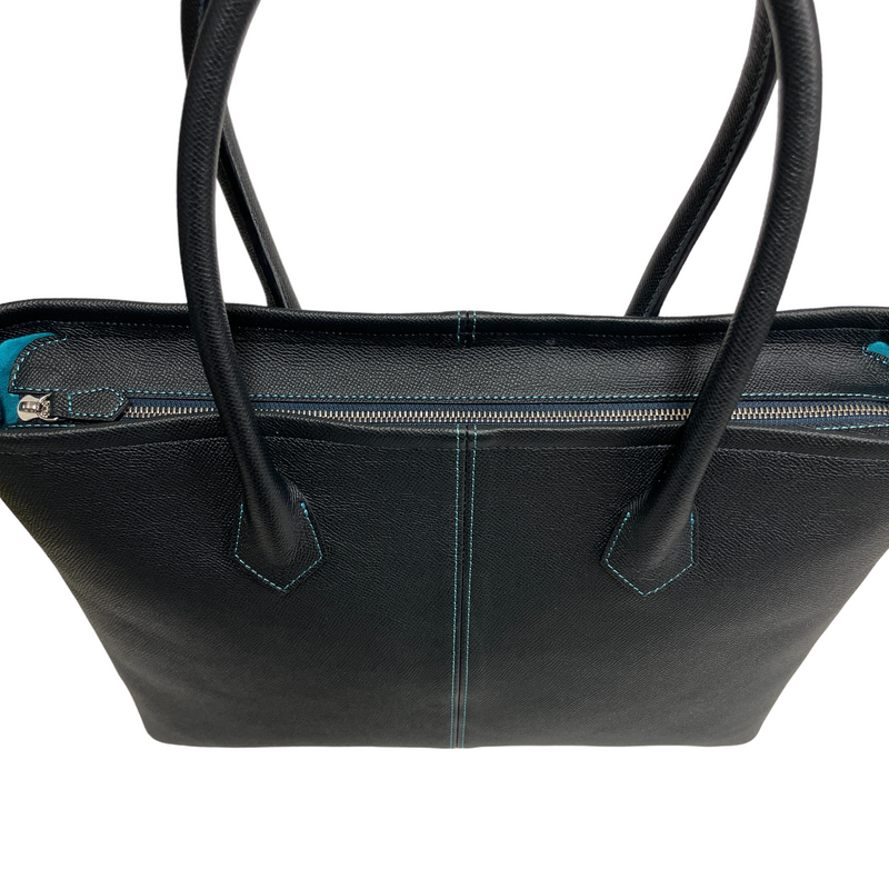 [French calf] <br>Medium tote bag<br>color: Navy x turquoise stitch x interior turquoise
