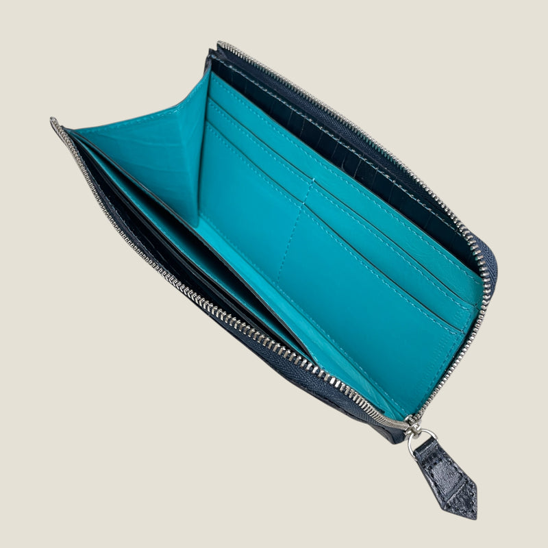 [クロコパターン] <br>Lジップロングウォレット<br>color：ネイビー<br>【１０月下旬入荷予定】