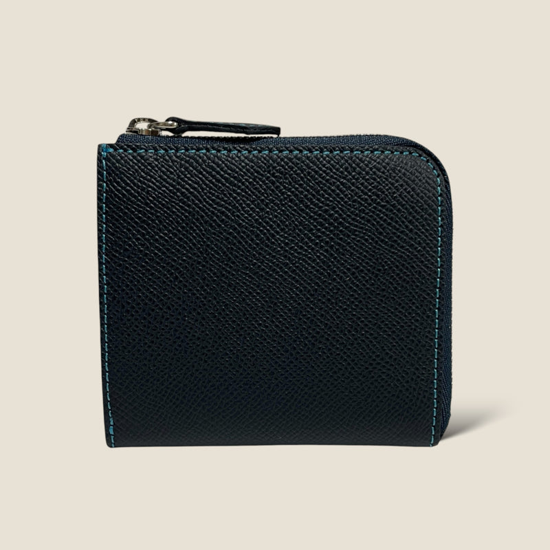 [French calf] <br>Half L zip wallet<br>Color: Navy x Turquoise Stitch