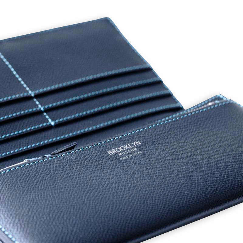 [French calf] <br> Long wallet with belt <br> color: Navy x turquoise stitch