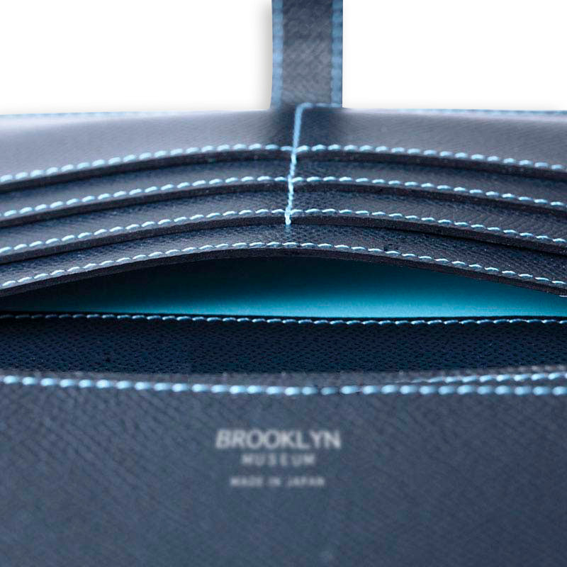[French calf] <br> Long wallet with belt <br> color: Navy x turquoise stitch