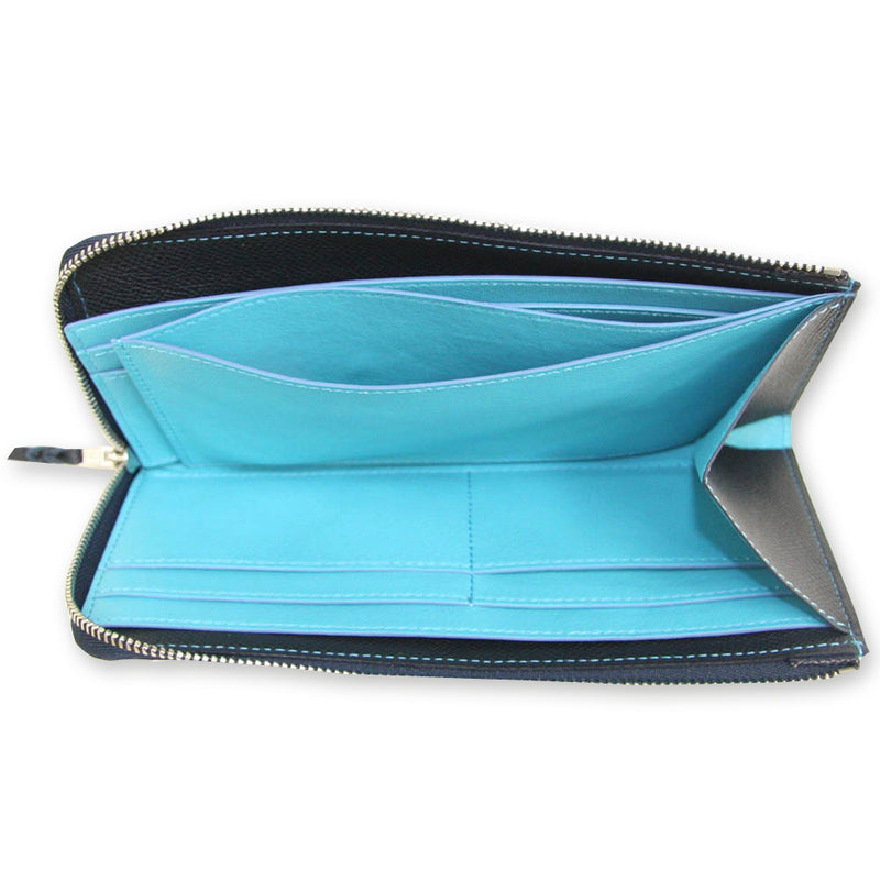 [French calf] <br> L Zip Long Wallet <br> Color: Navy x Turquoise Stitch
