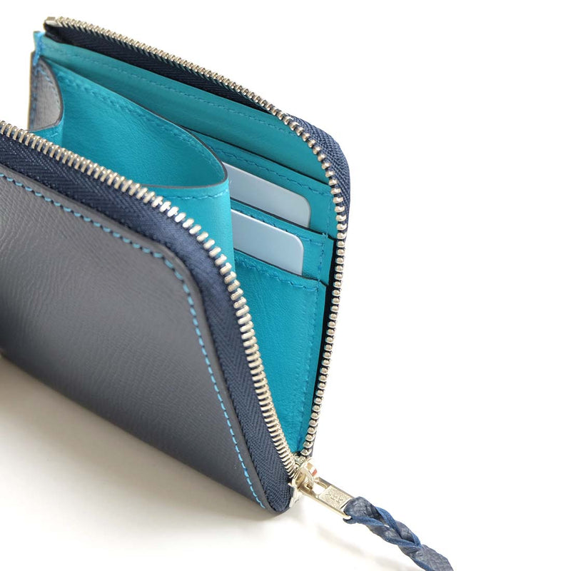[French calf] <br> Half L zip wallet <br> Color: Navy x turquoise stitch