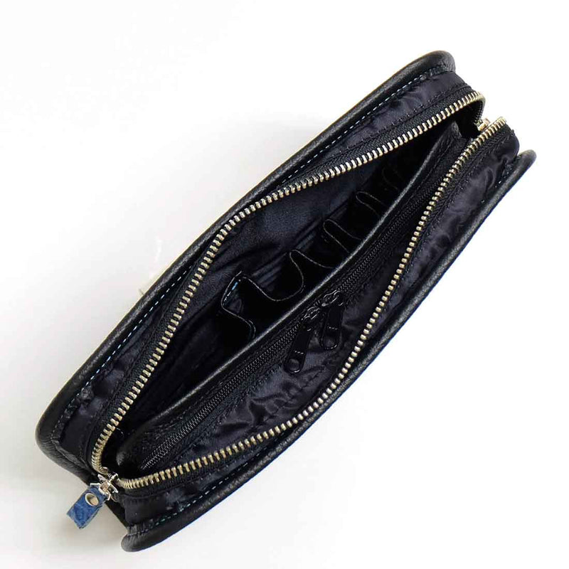 [Shrink leather] <br> Cosme pouch <br> COLOR: Black x Turquoise Stitch